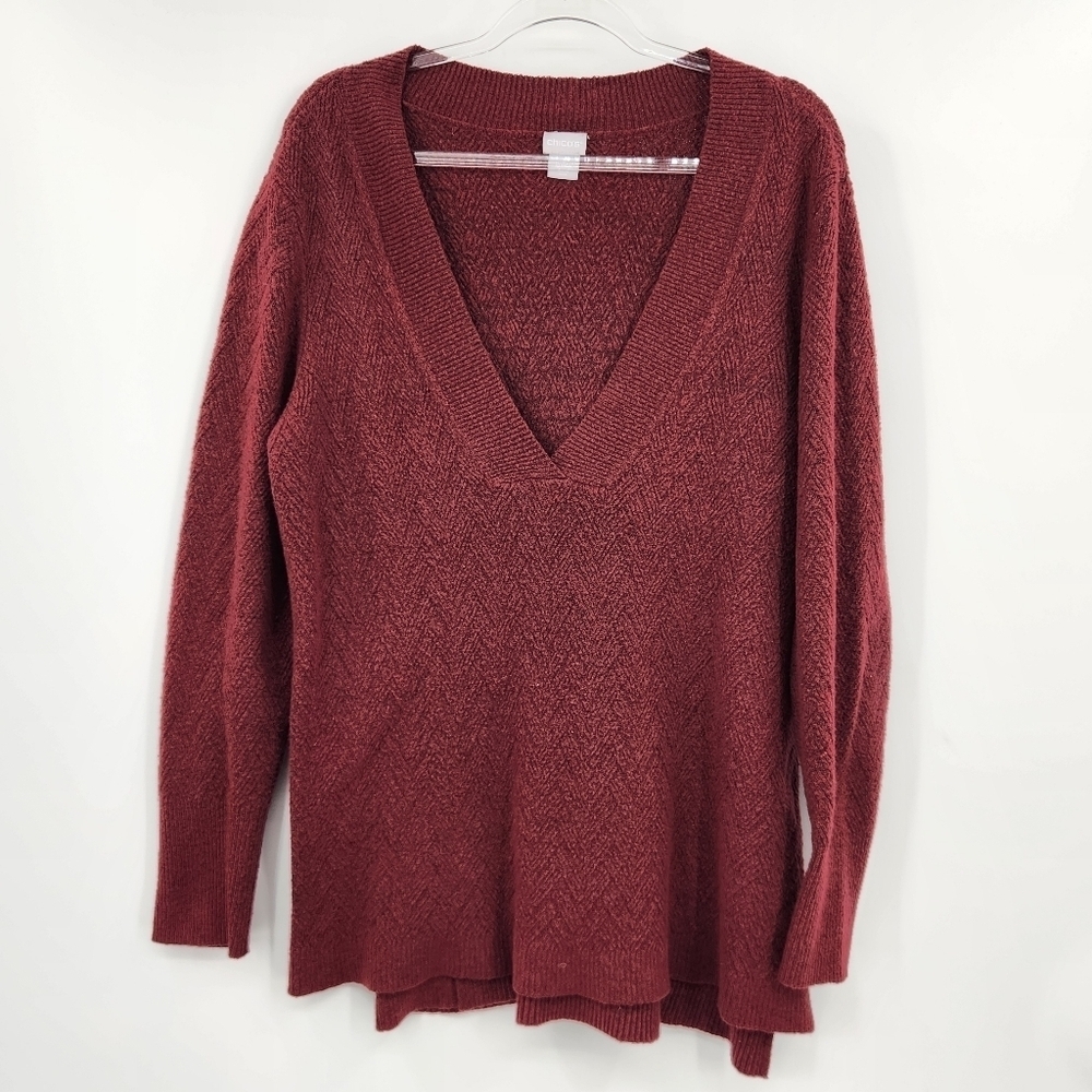 Chicos 3 Long Sleeve V Neck Sweater Womens Size XL Red Herringbone Textured